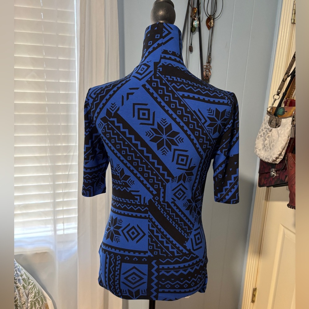 Lauren Ralph Lauren Fair Isle Stretch Jersey Blue & Black Pattern Turtleneck Top - Picture 4 of 8